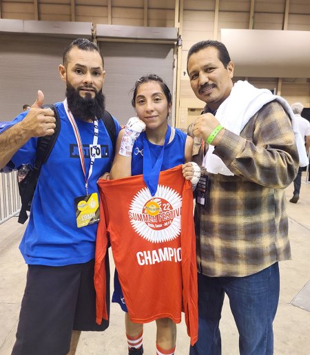 Hanford 's Lexus Ramirez is a local female boxer with dreams of gold! Talented fighter wins Junior Olympics Gold Medal Lexus with Alvaro Ramirez (father and coach) and Flavio Perez (uncle and coach).